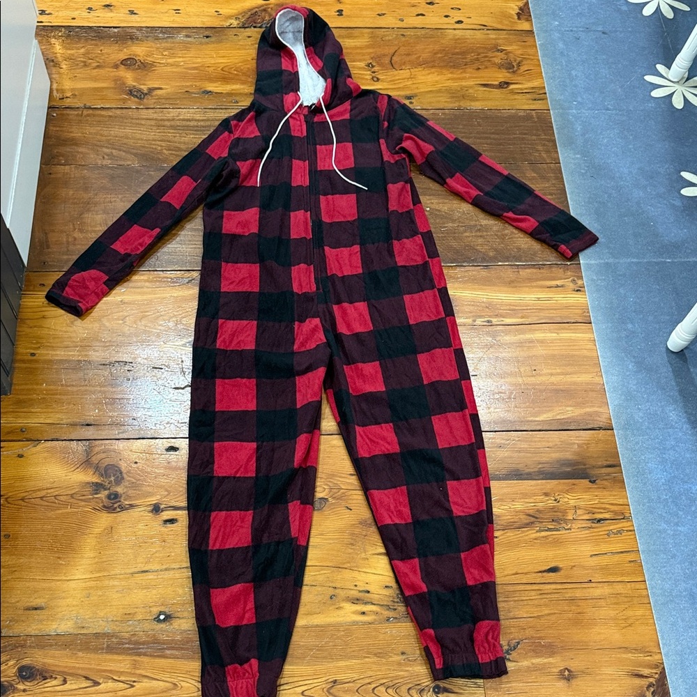 Warm and Cozy Red and Black Checkered Holiday One Piece with Hood Size Large